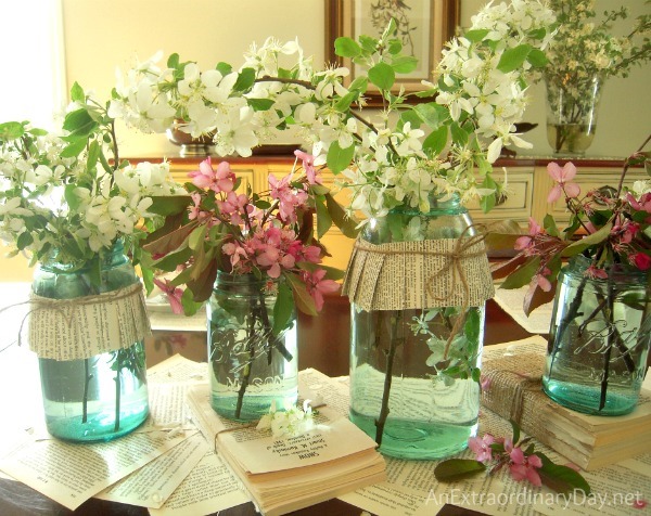 Vintage-Ball-Mason-Jars-Crabapple-Blossoms-Centerpiece-AnExtraordinaryDay_net_