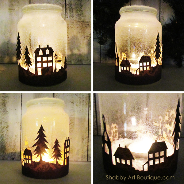 Get the free template and quick and easy tutorial for making the Christmas Township Candle Jar by Shabby Art Boutique. Looks amazing when illuminated at night. Use tealight candles, battery operated candles or battery operated bud lights.