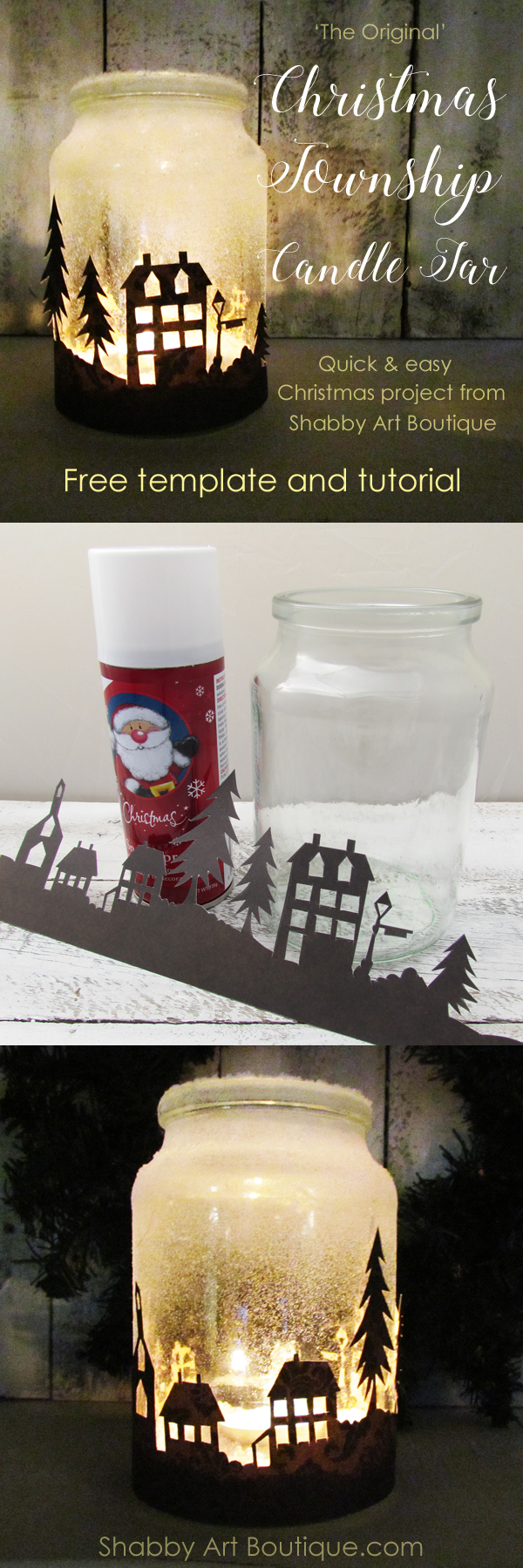Get the free template and quick and easy tutorial for making the Christmas Township Candle Jar by Shabby Art Boutique. Looks amazing when illuminated at night. Use tealight candles, battery operated candles or battery operated bud lights.