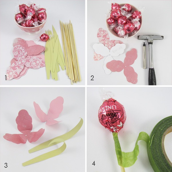 Shabby Art Boutique - how to make a bouquet of chocoate flowers - steps 1 - 4