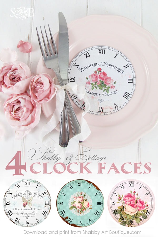 Clock Face Printables - 4 free printable shabby & cottage clock faces from Shabby Art Boutique. Click to see tutorial and download graphics or pin for later.