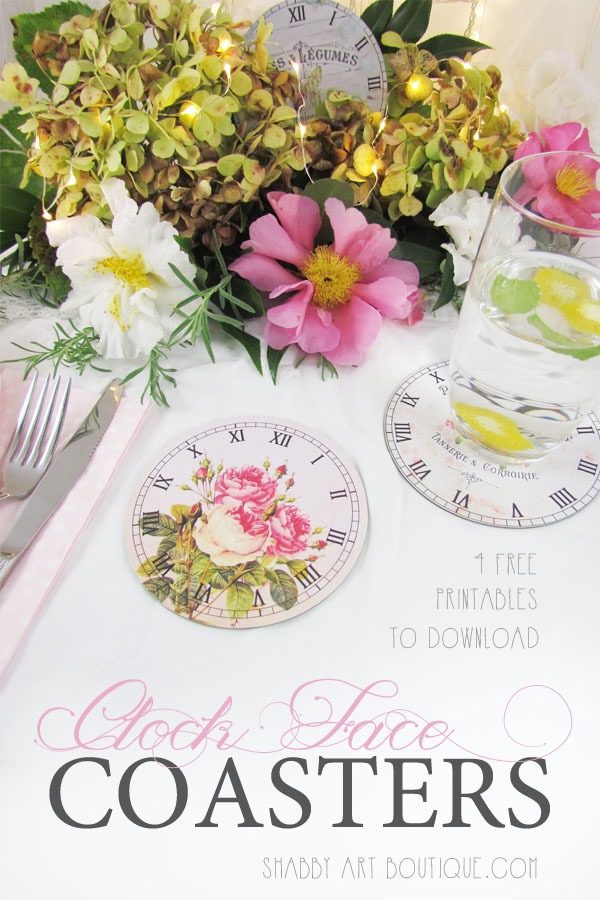 Clock Face Coasters - 4 free printable shabby & cottage clock faces from Shabby Art Boutique. Click to see tutorial and download graphics or pin for later.