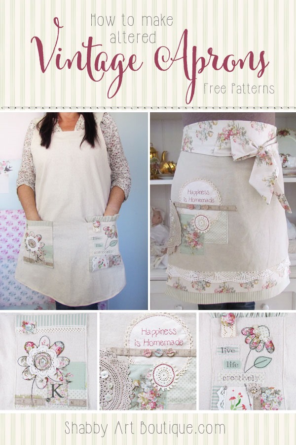 How to make altered vintage aprons with free patterns. Click now for tutorial or pin for later - Shabby Art Boutique