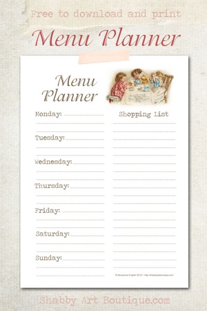 Menu Planner - free to download and print from Shabby Art Boutique. Click for instant download or pin for later.
