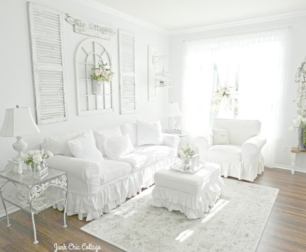 Shabbilicious Sunday visits  Junk Chic Cottage. You will enjoy Kris' beautiful cottage style in a serene colour palette of light gray's, creams and white. Extensive use of lovely old architectual pieces  are used throughout the cottage. Click now to take the home tour or PIN for later