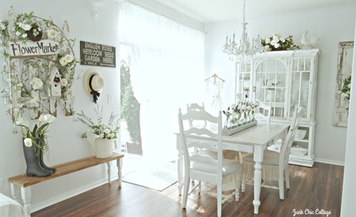 Shabbilicious Sunday visits  Junk Chic Cottage. You will enjoy Kris' beautiful cottage style in a serene colour palette of light gray's, creams and white. Extensive use of lovely old architectual pieces  are used throughout the cottage. Click now to take the home tour or PIN for later