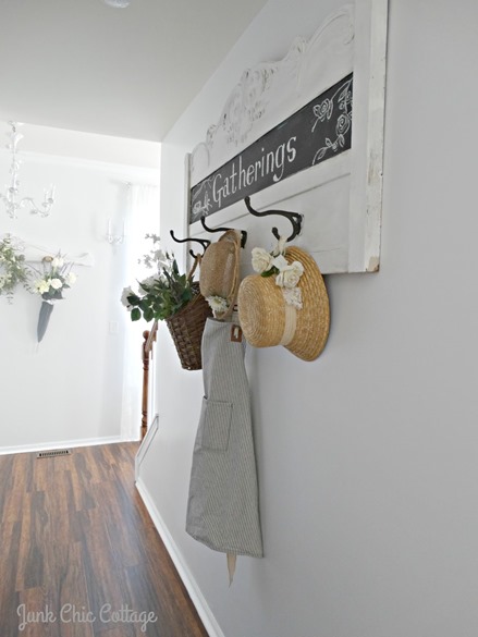 Shabbilicious Sunday visits  Junk Chic Cottage. You will enjoy Kris' beautiful cottage style in a serene colour palette of light gray's, creams and white. Extensive use of lovely old architectual pieces  are used throughout the cottage. Click now to take the home tour or PIN for later