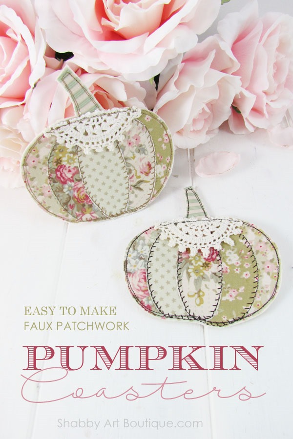 Easy tutorial for making faux patchwork pumpkin coasters. Full step-by-step instructions and template. Finished project in less than an hour. Click now to get full tutorial for Shabby Art Boutique or PIN for later