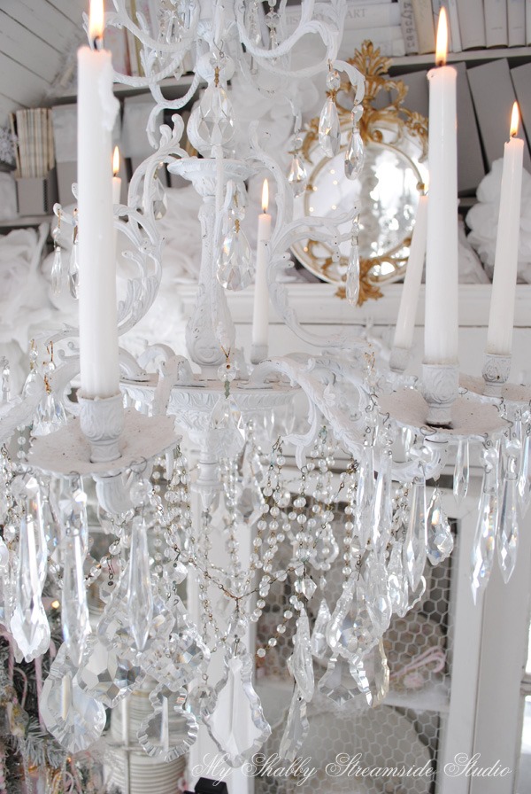 Chandelier in the tiny house built by Sandy Foster as featured on Shabilicious Sunday