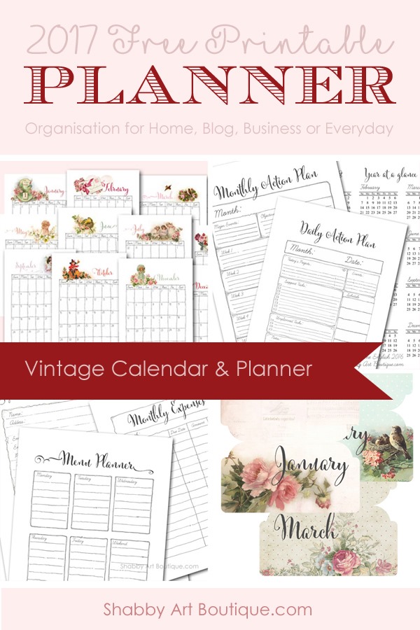 Free printable 2017 Calendar and Planner by Shabby Art Boutique