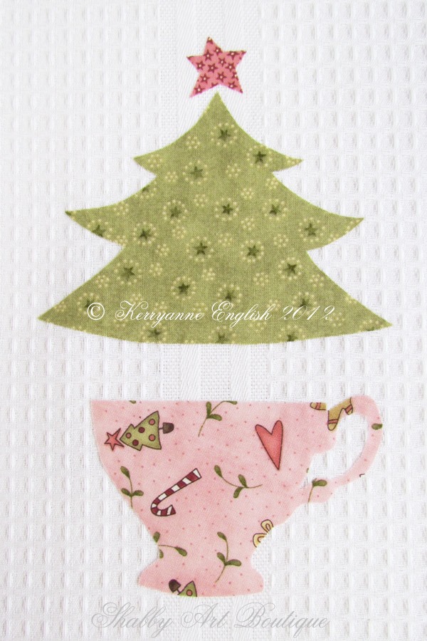 Placement of applique pieces for Shabby Christmas Kitchen Towel project by Shabby Art Boutique
