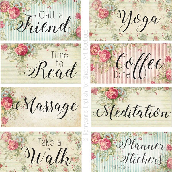 Free printable planner stickers for incorporating Self-Care by Shabby Art Boutique