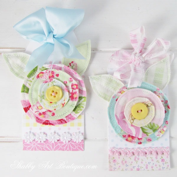 2 scrappy fabric flower tags by Shabby Art Boutique