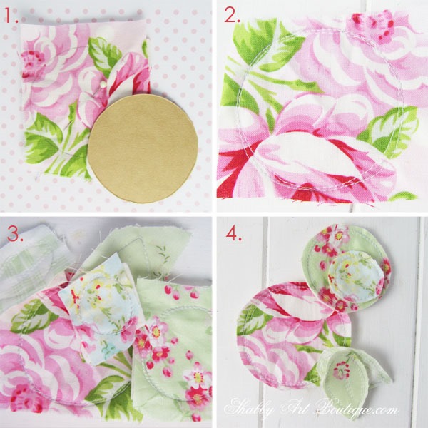 how to make these sweet scrappy fabric flower embellishments at Shabby Art Boutique