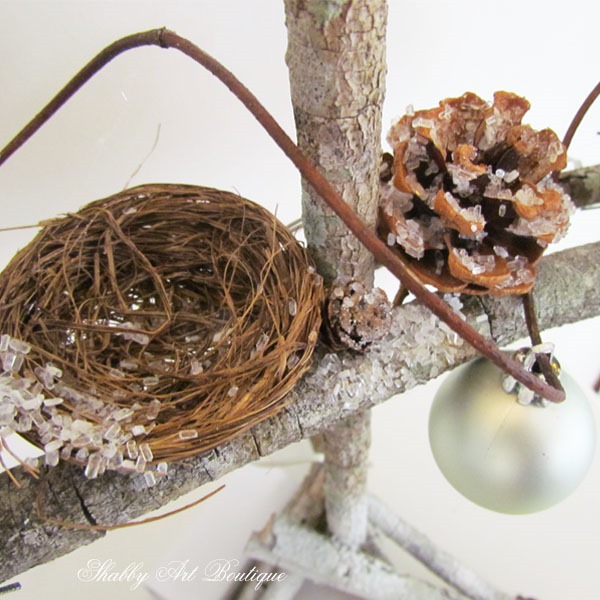 Close up of twig tree embellishments for DIY twig tree tutorial by Shabby Art Boutique