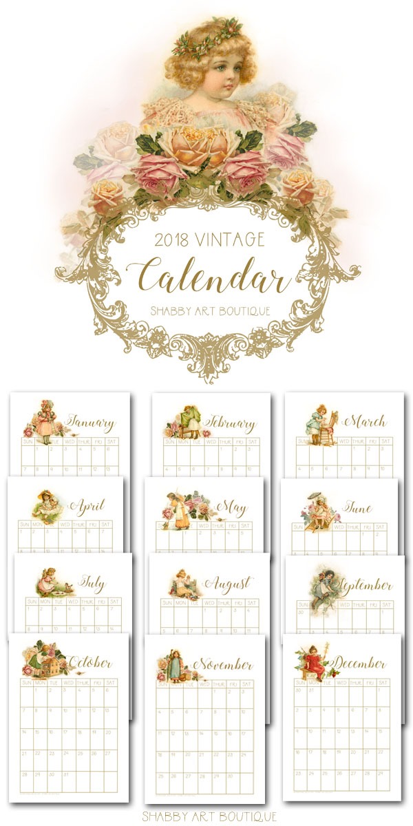 Download this free printable 2018 vintage calendar from Shabby Art Boutique