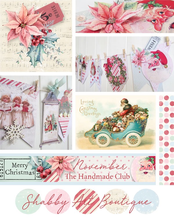 November in the Handmade Club at Shabby Art Boutique is full of vintage cottage charm - printable kit filled with papers, vintage graphics, banners, tags and embellishments for making Christmas garlands, cards 