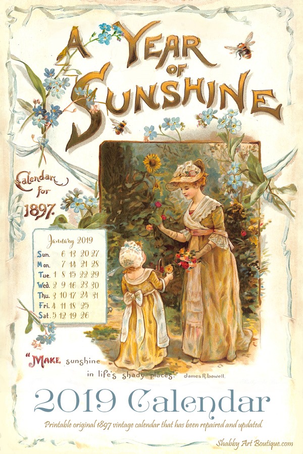 Printable 2019 Calendar made from original 1897 vintage calendar that has been digitally repaired and updated for 2019 by Shabby Art Boutique