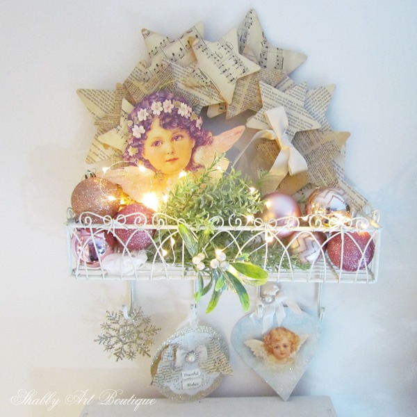 Shabby vintage Christmas shelf in the craft room at Shabby Art Boutique