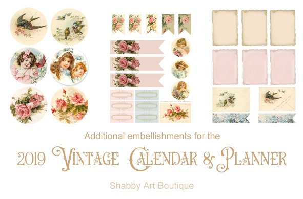 Additional embellishments for the 2019 Vintage Calendar and Planner at Shabby Art Boutique