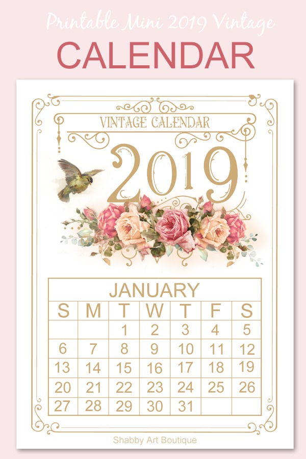 Printable mini vintage 2019 Calendar from Shabby Art Boutique