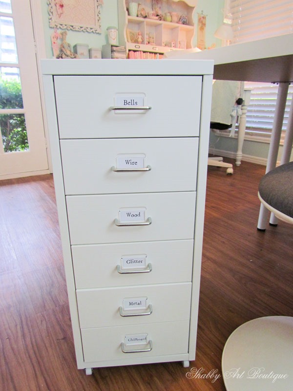 IKEA's Helmer drawer units are perfect for storing crafting supplies in the Shabby Art Boutique craft room