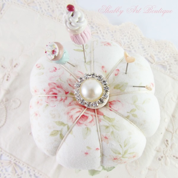 A simple pincushion tutorial using a tin can and crafting scraps from Shabby Art Boutique - close up of top