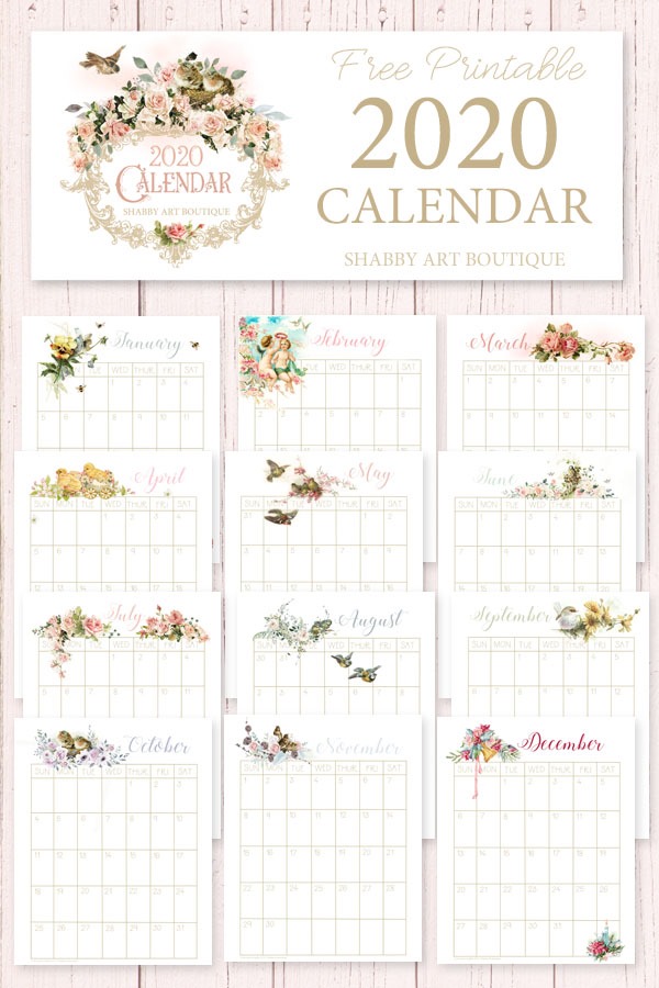 Download your free printable vintage 2020 Calendar at Shabby Art Boutique