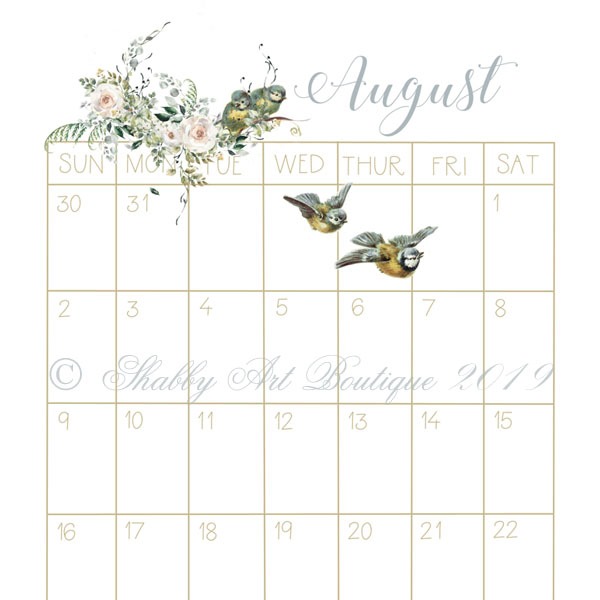 Sample of printable vintage 2020 Calendar from Shabby Art Boutique