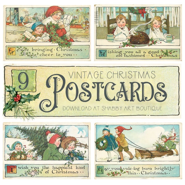 9 beautiful vintage Christms postcards to download from Shabby Art Boutique