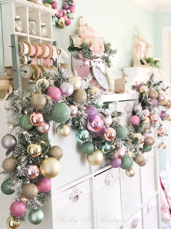 Christmas in the Shabby Art Boutique craft room - a pretty garland of pastel baubles