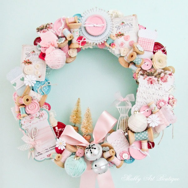 DIY Christmas wreath for Christmas craft or sewing room - get the tutorial and free printable at Shabby Art Boutique