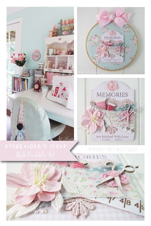 How to make a pretty shabby embroidery hoop project with a free printable button card from Shabby Art Boutique