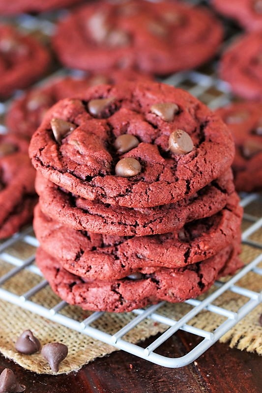 Red-Velvet-Chocolate-Chip-Cookies-Stack-on-Cooling-Rack-Image 3