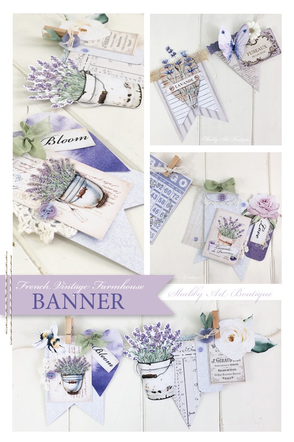 A French vintage farmhouse banner made using the Janaury 2020 Handmade Club kit from Shabby Art Boutique