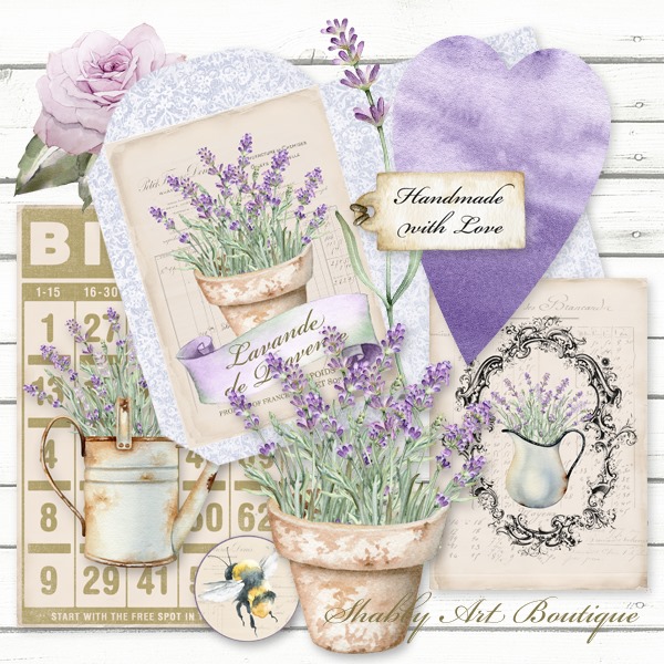 Beautiful graphic embellishments and cards from The French Vintage Farmhouse Kit - January 2020 in the Handmade Club at Shabby Art Boutique