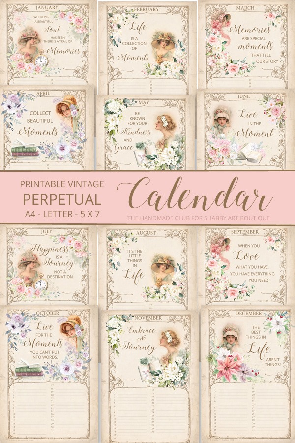 Make your own vintage perpetual calendar using this printable kit from The Handmade Club at Shabby Art Boutique