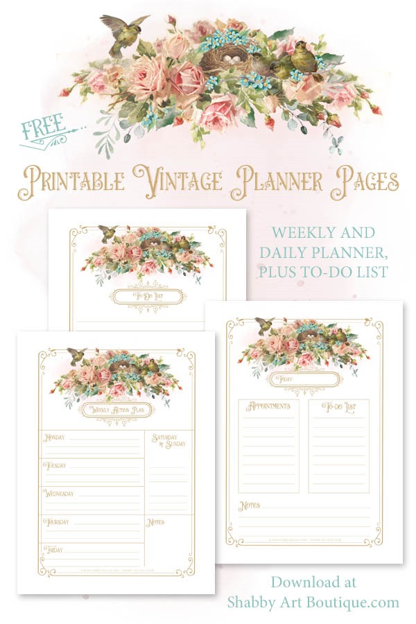 Free printable vintage planner pages by Shabby Art Boutique - Click now to download or save for later