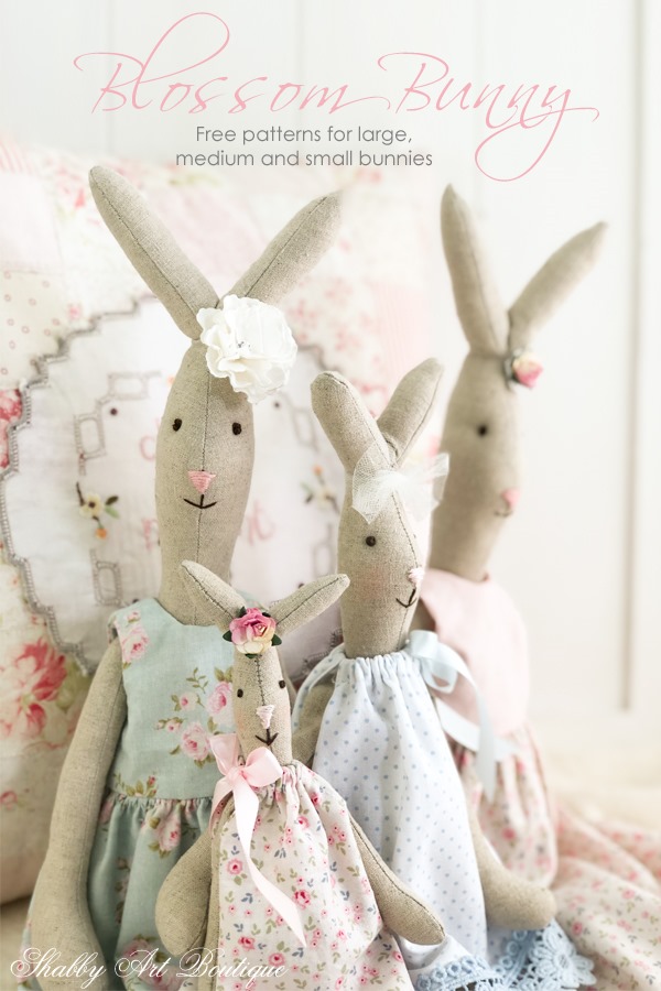 Free patterns and instructions for the 3 sizes of Blossom Bunny by Shabby Art Boutique