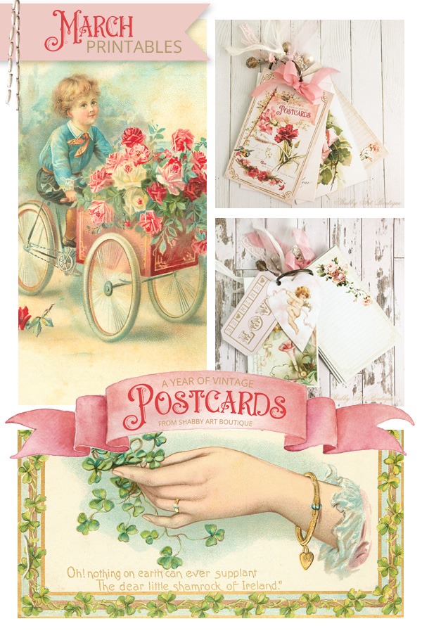 March postcard printables for A Year of Vintage Postcards project from Shabby Art Boutique