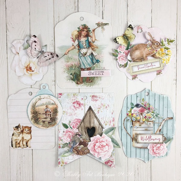 Gorgeous 3 D tags included in the shabby cottage garden flip tag - printable project from the May Handmade Club at Shabby Art Boutique