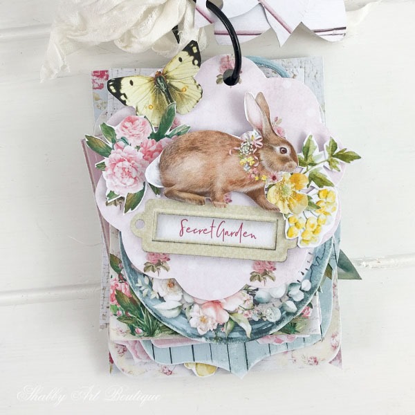 The sweet little bunny tag from the shabby cottage garden flip tag project - May kit Handmade Club for the Shabby Art Boutique