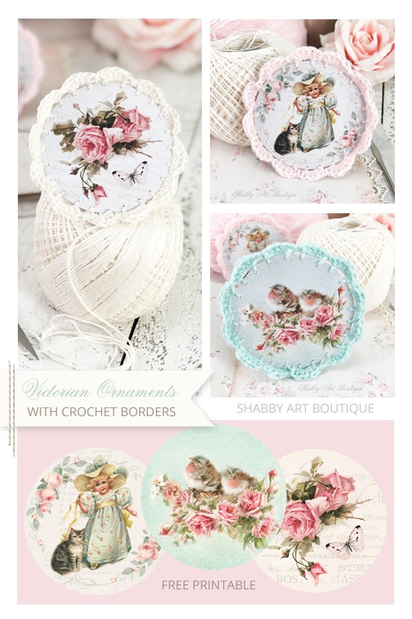 How to make Victorian Ornaments with a crochet border plus free printable ornaments from Shabby Art Boutique