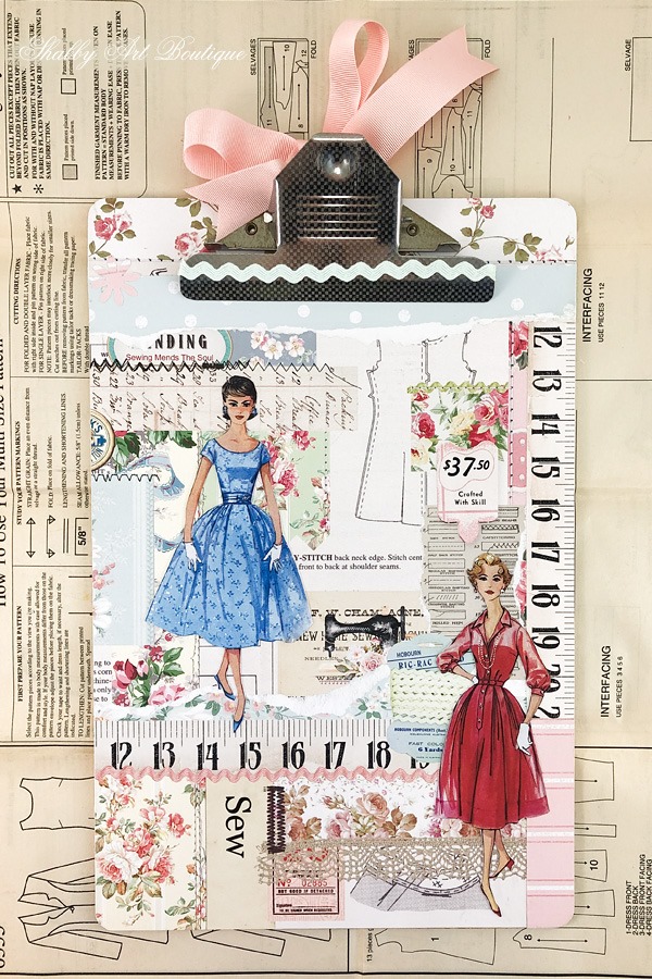 Vintage Sewing Clip Board altered art using the July Handmade Club kit from Shabby Art Boutique